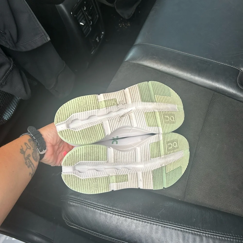 On Running White and Light Green Athletic Shoes - Picture 2 of 6